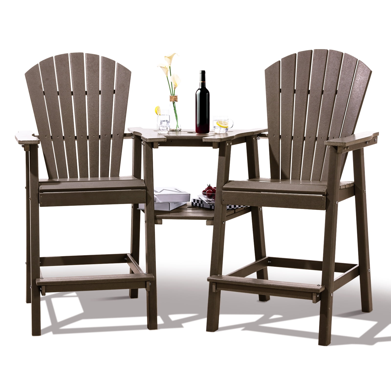 FOOWIN Tall Adirondack Chair Set of 2, HDPE Barstools with Tray