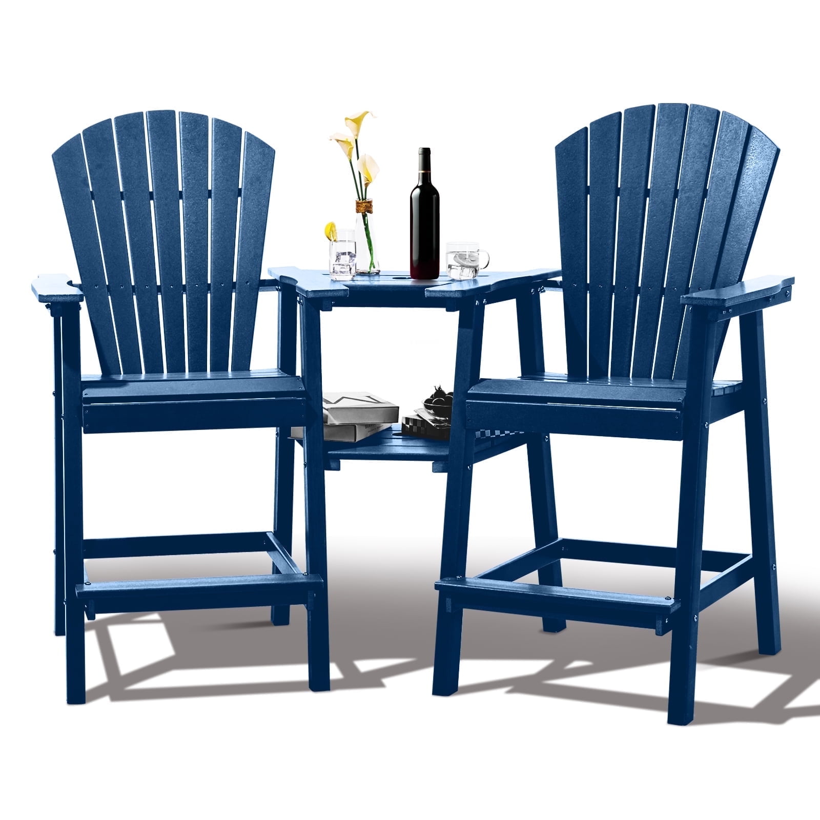Tall Adirondack Chairs Set of 2，HDPE Outdoor Adirondack Barstools with Double Connecting Tray Patio Stools Weather Resistant for Outdoor Deck Lawn Pool Backyard,Navy Blue