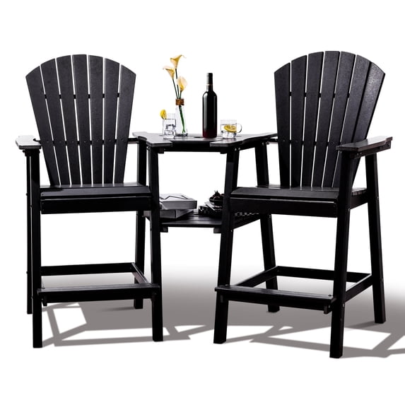 Tall Adirondack Chairs Set of 2,HDPE Outdoor Adirondack Barstools with Double Connecting Tray Patio Stools Weather Resistant for Outdoor Deck Lawn Pool Backyard,Black
