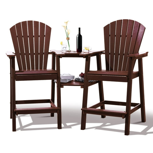 Tall Adirondack Chairs Set of 2，HDPE Outdoor Adirondack Barstools with Double Connecting Tray Patio Stools Weather Resistant for Outdoor Deck Lawn Pool Backyard, Brown
