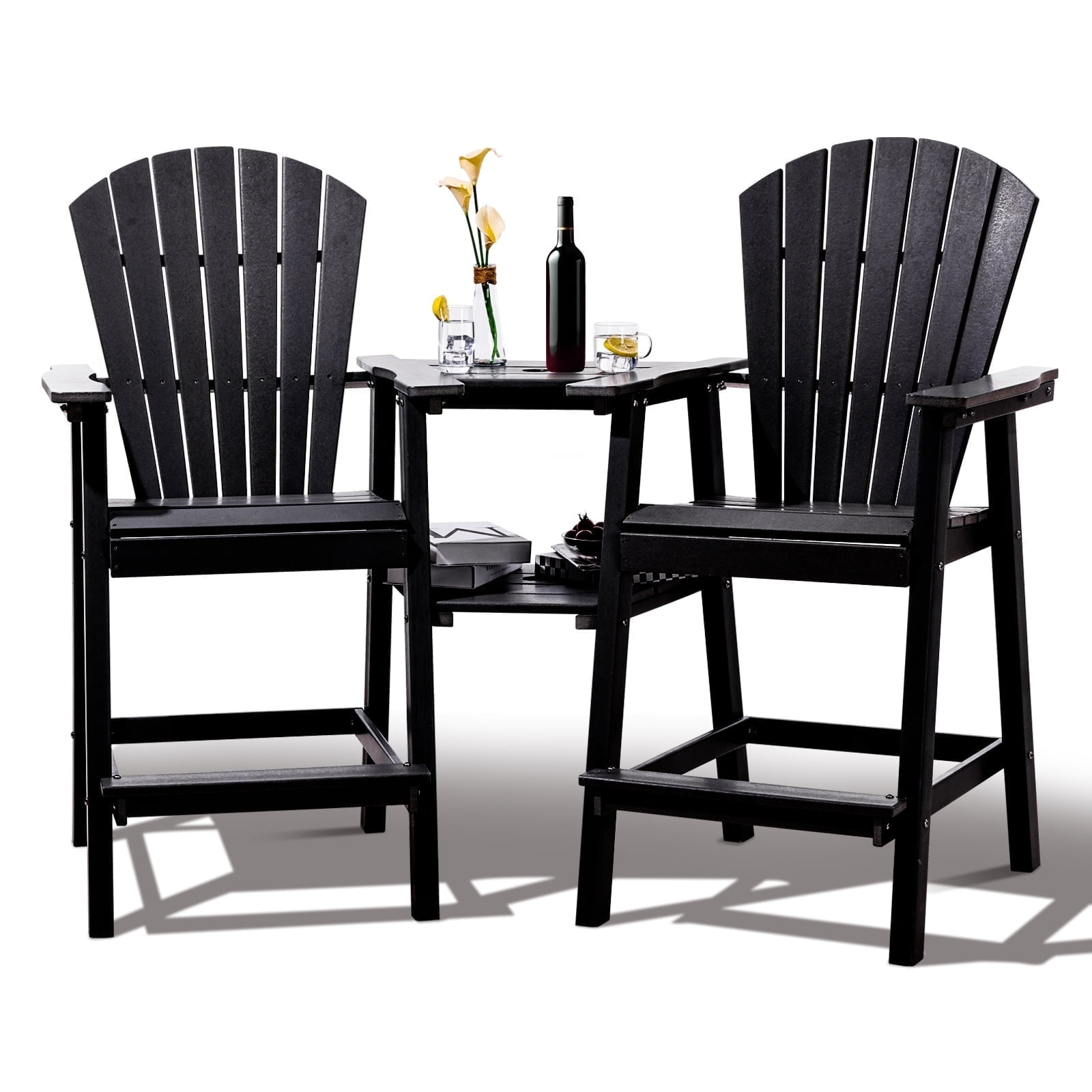 Tall Adirondack Chairs Set of 2，HDPE Outdoor Adirondack Barstools with Double Connecting Tray Patio Stools Weather Resistant for Outdoor Deck Lawn Pool Backyard,Black