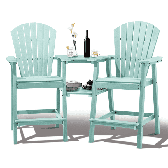 Tall Adirondack Chairs Set of 2，Outdoor Adirondack Barstools with Double Connecting Tray Patio Stools Weather Resistant for Outdoor Deck Lawn Pool Backyard, Aruba Blue