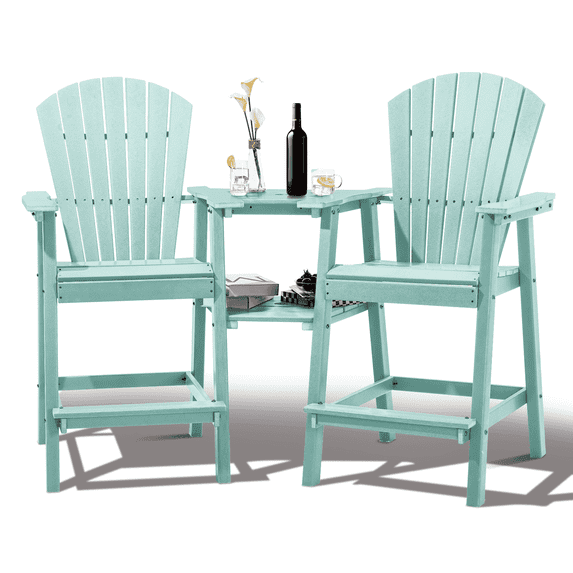 Tall Adirondack Chairs Set of 2,Outdoor Adirondack Barstools with Double Connecting Tray Patio Stools Weather Resistant for Outdoor Deck Lawn Pool Backyard, Aruba Blue