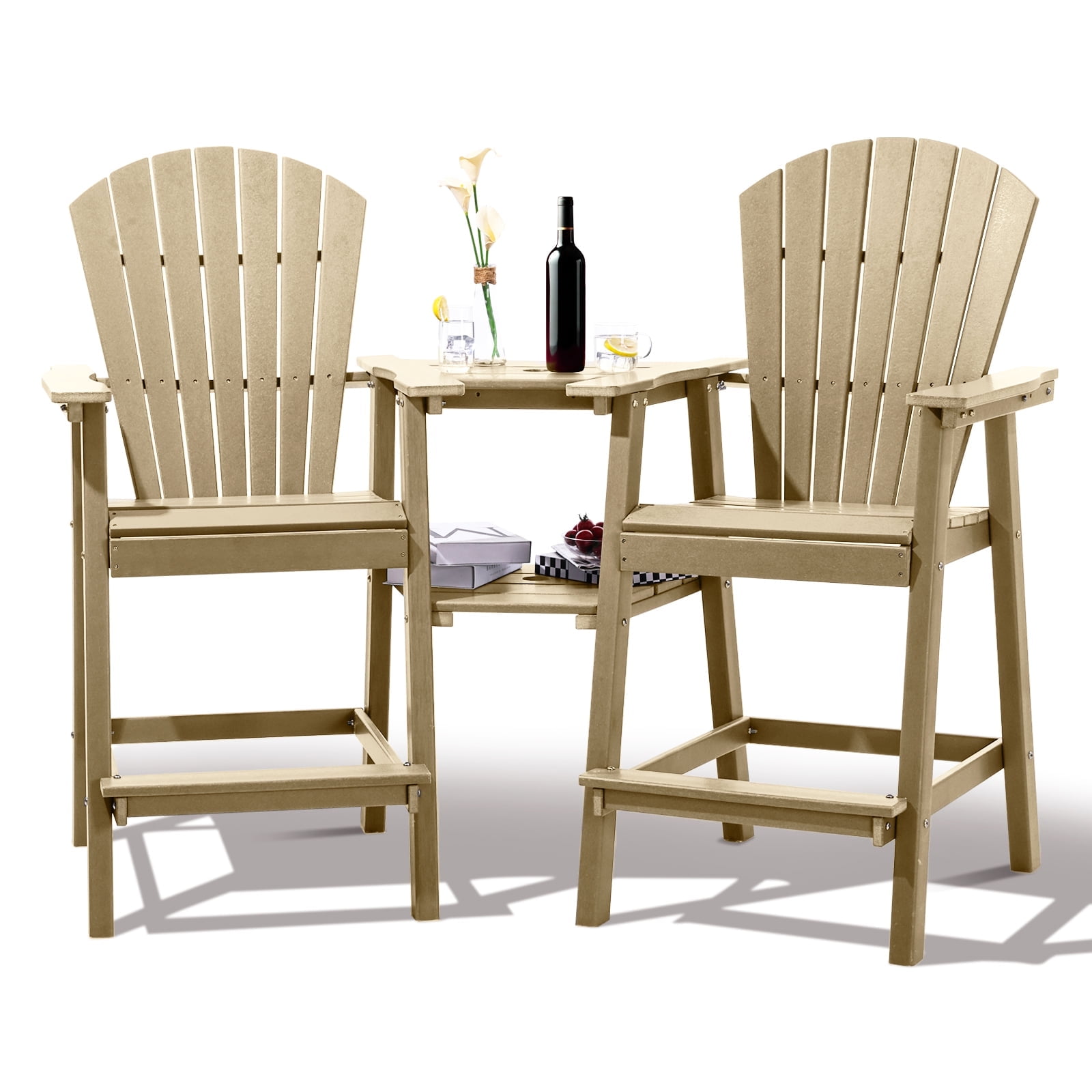 Tall Adirondack Chairs Set of 2，Outdoor Adirondack Barstools with Double Connecting Tray Patio Stools Weather Resistant for Outdoor Deck Lawn Pool Backyard, Brown