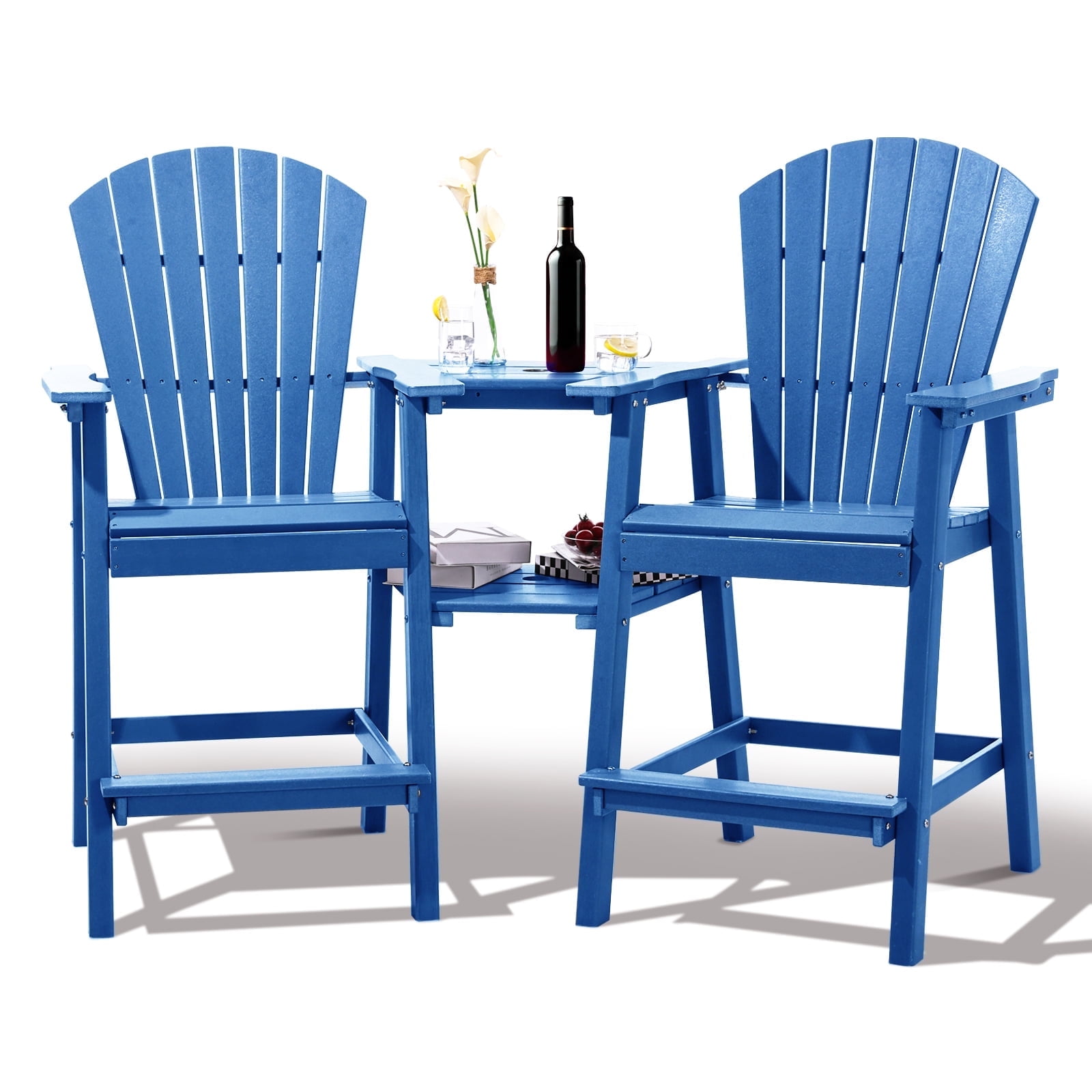 VINGLI Set Of 2 Tall Adirondack Chairs With Double Connecting Tray – White HDPE Weather Resistant Outdoor Bar Stools For Patio, Deck, Pool