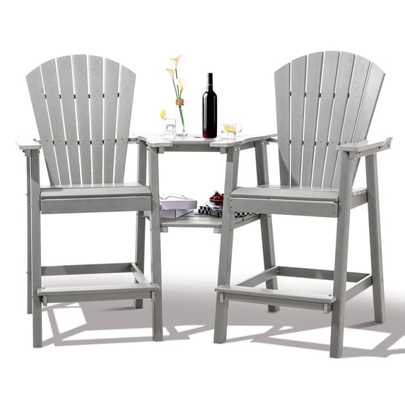 Tall Adirondack Chairs Set of 2,Outdoor Adirondack Barstools with Double Connecting Tray Patio Stools Weather Resistant for Outdoor Deck Lawn Pool Backyard, Light Grey