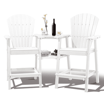 Tall Adirondack Chairs Set of 2, Outdoor Adirondack Barstools with Double Connecting Tray Patio Stools Weather Resistant for Outdoor Deck Lawn Pool Backyard, White