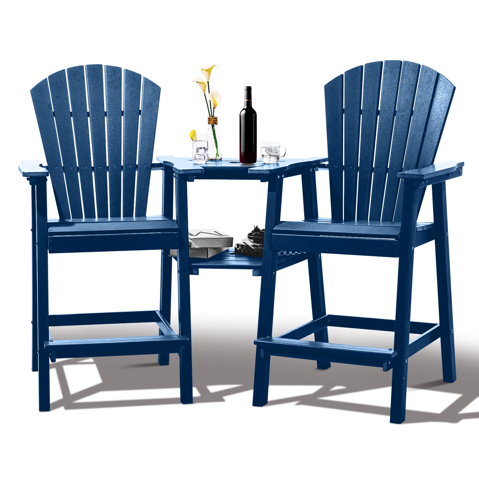 Tall Adirondack Chairs Set of 2，Outdoor Adirondack Barstools with Double Connecting Tray Patio Stools Weather Resistant for Outdoor Deck Lawn Pool Backyard,Navy Blue - image 1 of 7