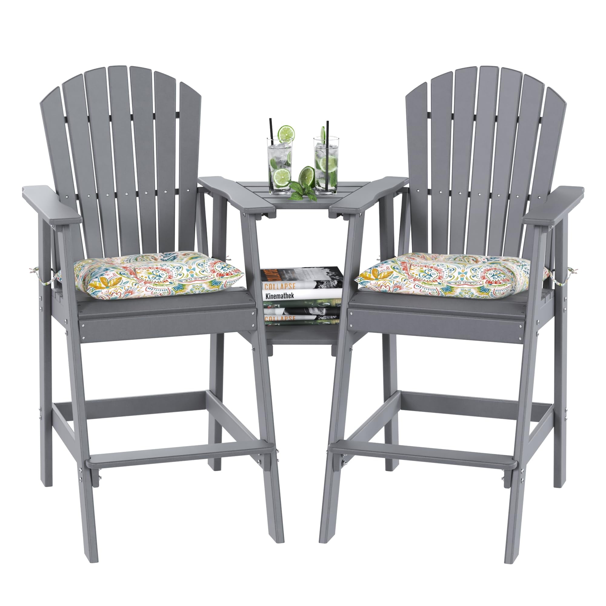 Tall Adirondack Chairs Set of 2 with Table, Patio HDPE Bar Set, 3 PCS Counter Height Dining Bistro Set, Pub Table with Stools, 2 Umbrella Hole Caps, Medium Gray