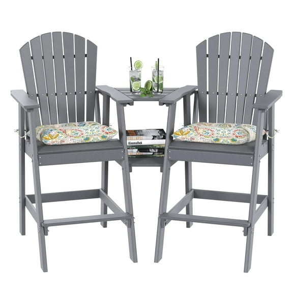 Tall Adirondack Chairs Set of 2 with Table, Patio HDPE Bar Set, 3 PCS Counter Height Dining Bistro Set, Pub Table with Stools, 2 Umbrella Hole Caps, Medium Gray