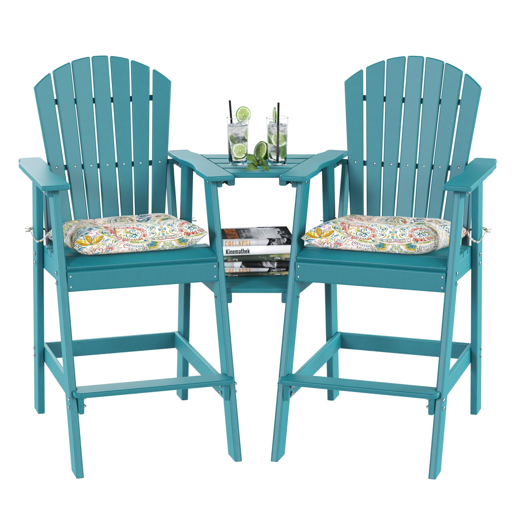 Tall Adirondack Chairs Set of 2 with Table, Patio HDPE Bar Set, 3 PCS Counter Height Dining Bistro Set, Pub Table with Stools, 2 Umbrella Hole Caps, Teal