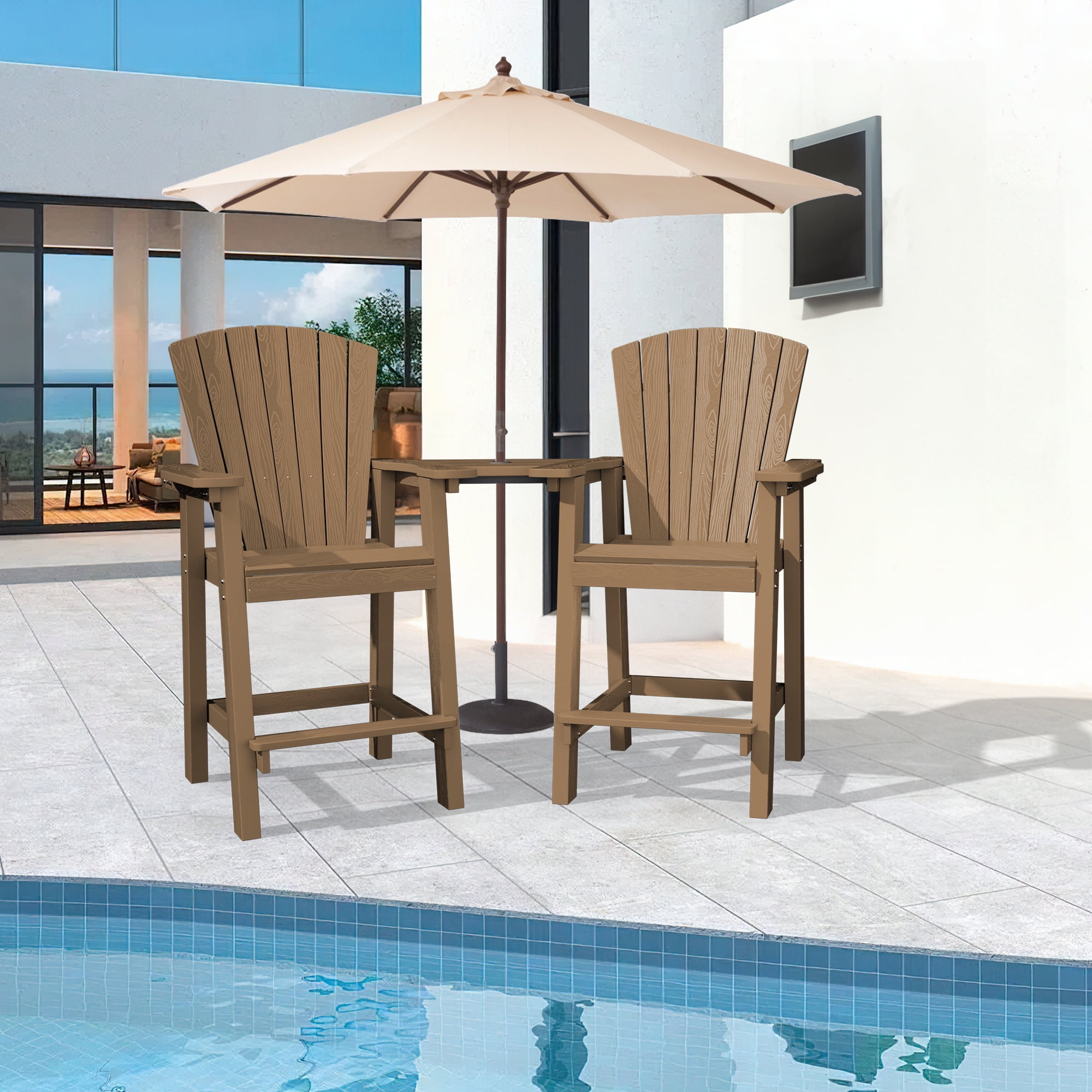 Tall Brown Wood Grain Adirondack Chairs with Removable Table