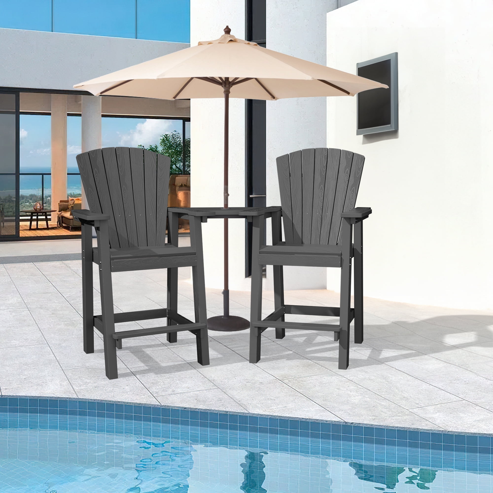 Gray Tall HDPE Adirondack Bar Chairs with Removable Table