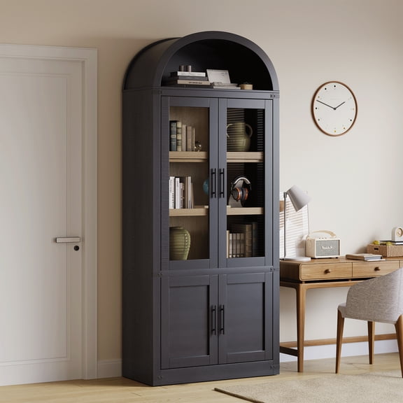 Tall Arched Bookcase Cabinet – 6-Tier Storage Display with 2 Glass & 2 Wooden Doors – Freestanding Entryway Organizer for Living Room, Kitchen, or Office – Black Exterior 2 Glass 2 Wooden Doors