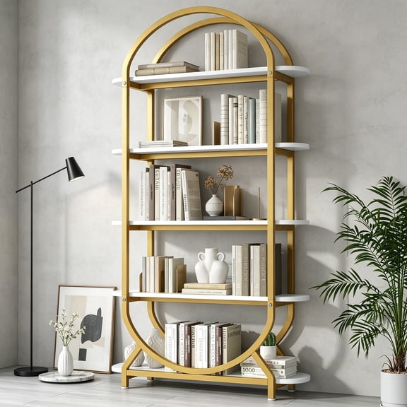 Tall Arched Bookshelf, Modern 5-Tier Book Shelf with Storage Organizer, Industrial Curved Freestanding Open Display Shelving Unit for Living Room Library Home Office, Gold
