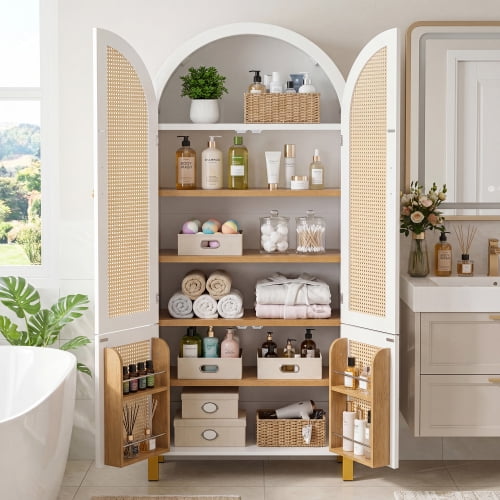Tall Arched Cabinet with Rattan Doors, 71" Farmhouse Storage Cabinet with Adjustable Shelves & Built-in Racks for Kitchen Dining Room Study, White