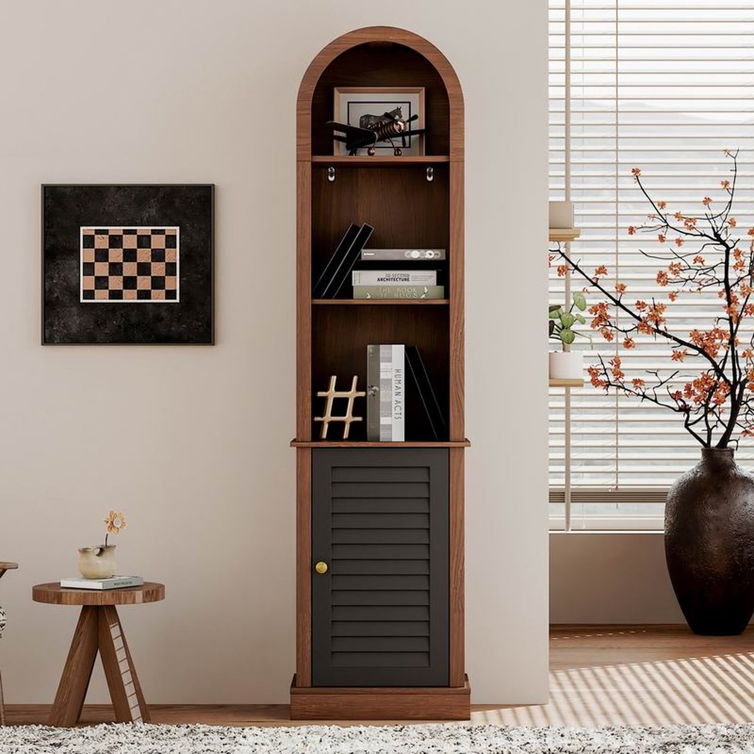 Tall Arched Corner Bookshelf with Shutter Door, Narrow Wooden Corner Display Cabinet, Freestanding Corner Storage Rack for Living Room, Bedroom, Small Space, Walnut Brown