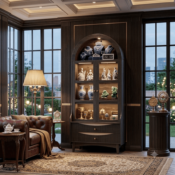 Tall Arched Glass Display Cabinet with LED Lights, Modern Farmhouse 4‑Tier Showcase, Glass Doors, Shelves & 2 Drawers for Living Room Dining Room