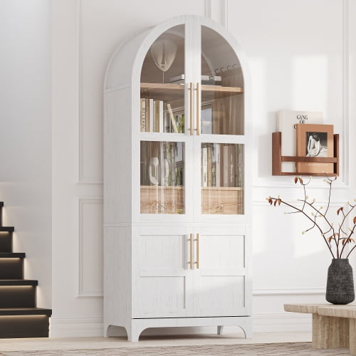 Tall Arched Kitchen Pantry Cabinet with Glass Doors & Adjustable Shelves, Farmhouse Storage Cabinet with Hidden Drawer & Door Racks for Kitchen Dining Room, White Wood Finish