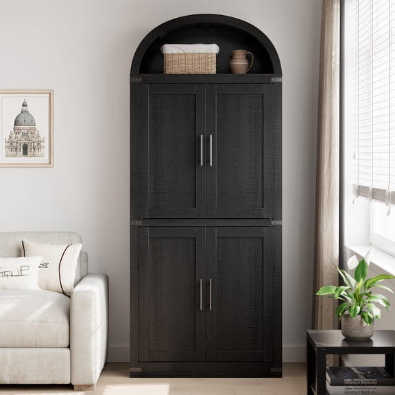 Tall Arched Pantry Cabinet – 5-Tier Modern Farmhouse Bookcase & Storage with Wooden Doors – Freestanding Organizer for Kitchen, Living Room, or Entryway – Black, Wooden Doors