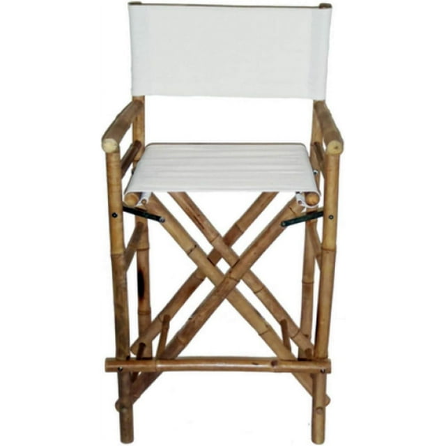 Tall Bamboo Director Chair For Bar Counter, White Canvas, Set Of 2