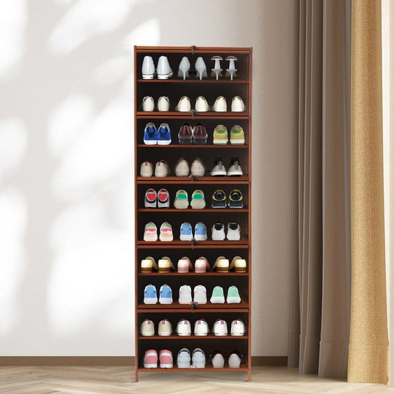 Tall Bamboo Shoe Storage Cabinet with Doors, 10 Tier Freestanding Shoes Heels Sneakers Shelf Rack for Entryway Office Living Room, Brown