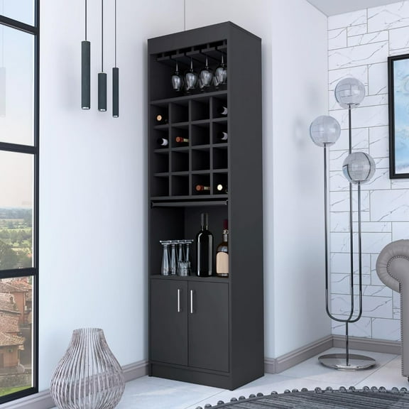 Tall Bar Cabinet w/Wine Racks and Glasses Holder, Liquor Cabinet w/Doors and Pull-Out Tray