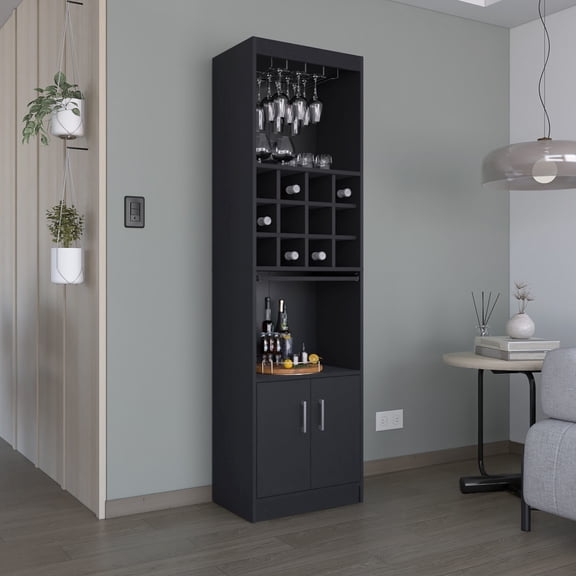 Tall Bar Cabinet with 4-Line Stemware Rack | Keeps Wine Glasses Neatly Arranged