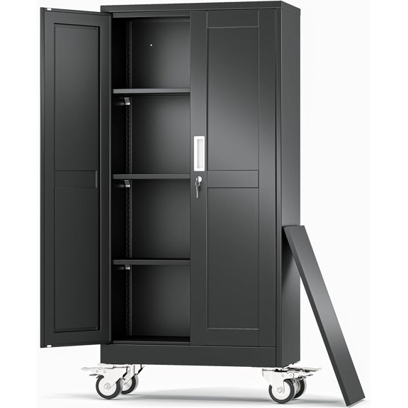 Metal Garage Storage Cabinet, 61Tall Rolling Utility Cabinet Black | storage system with Wheels, Lock, 3 Adjustable Shelves, Heavy Duty Steel Tool Locker for Home Office, Utility Room, Gym