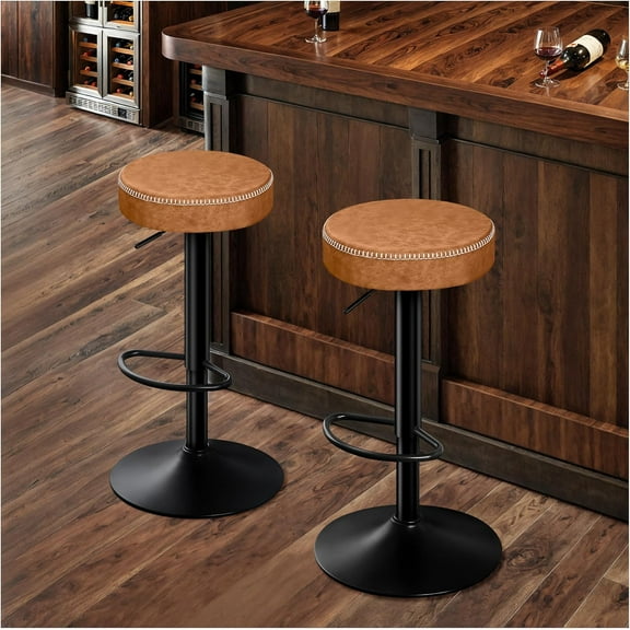 Tall Bar Stools Set of 2 Modern Microfiber Leather Bar Height Stools with Round Seat 360° Swivel Backless Counter Stools Adjustable Barstools for Kitchen Island Pub Brown(24-33 Inch,330lbs)