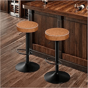 Tall Bar Stools Set of 2 Modern Microfiber Leather Bar Height Stools with Round Seat 360 Swivel Backless Counter Stools Adjustable Barstools for Kitchen Island Pub Brown (24-33 Inch, 330lbs)