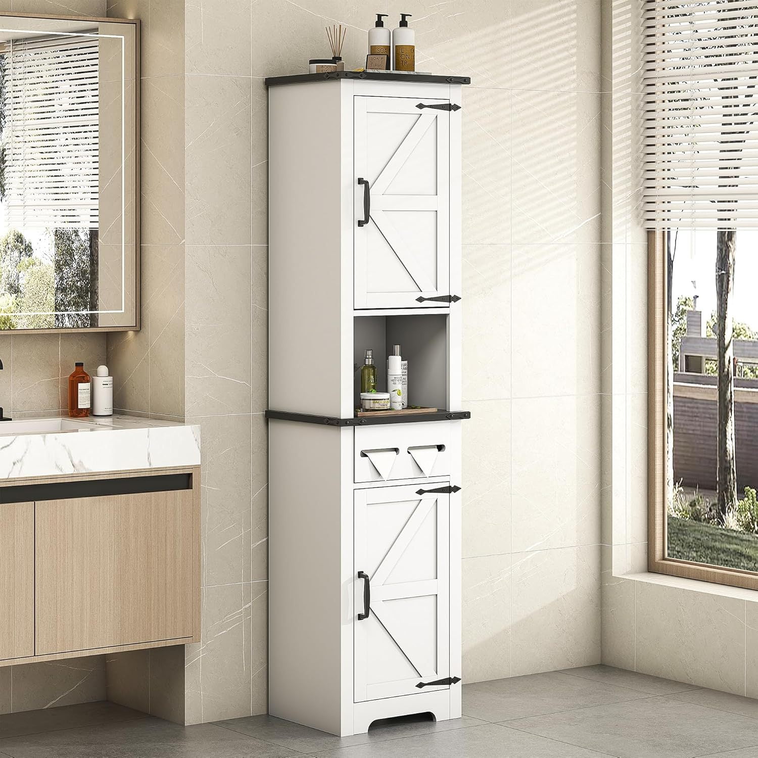 Tall Bathroom Cabinet with Adjustable Shelves & Paper Holders ...