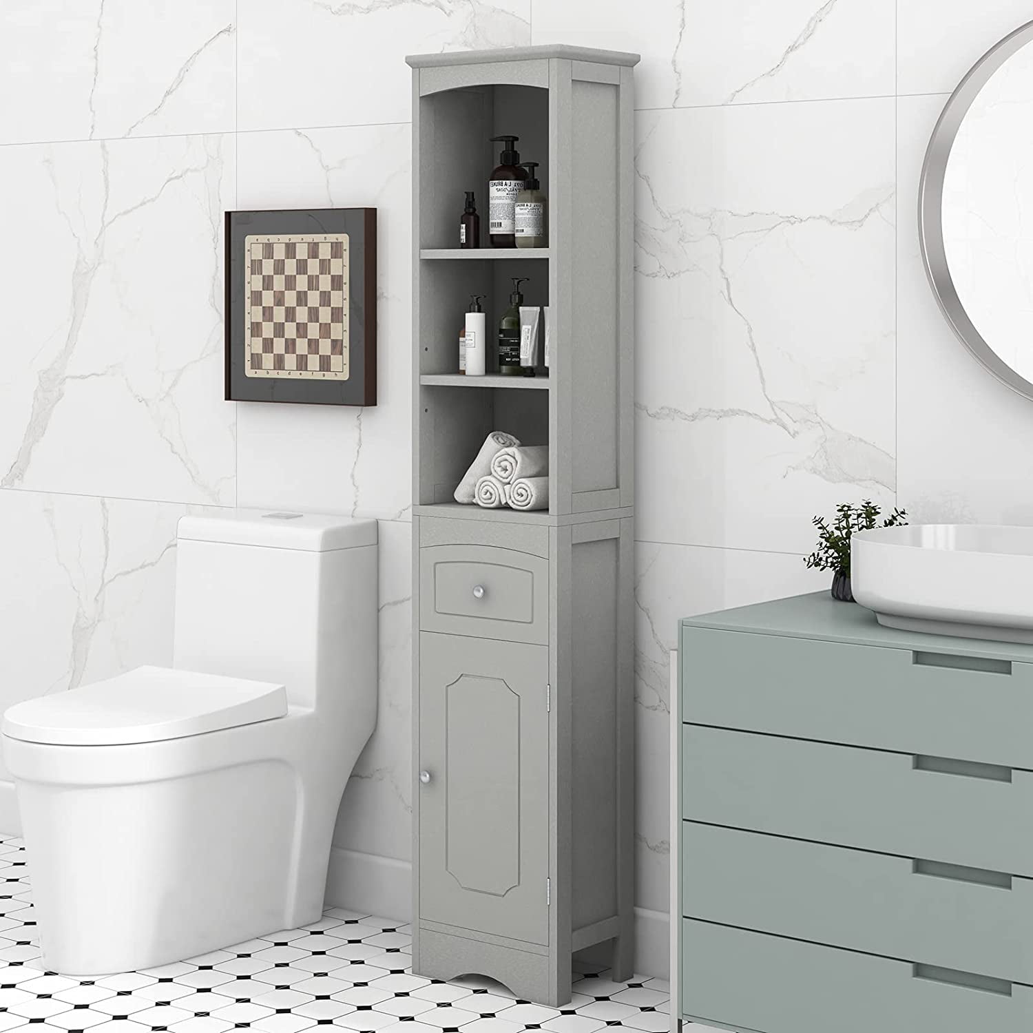Tall Bathroom Cabinet with Drawer and 2 Door Cabinet Slim Storage Tower ...