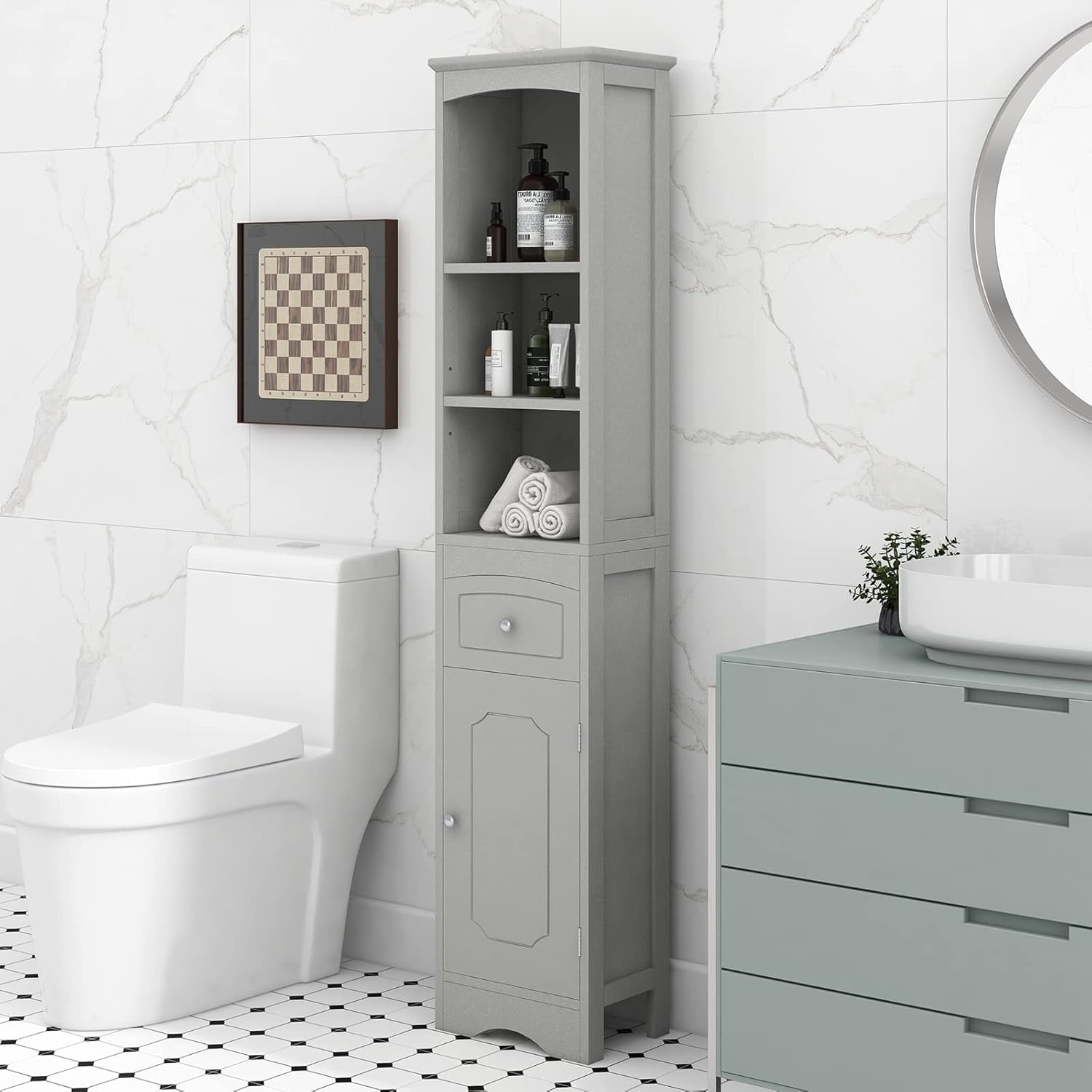 Tall Bathroom with Drawer and 2 Door Slim Storage Tower