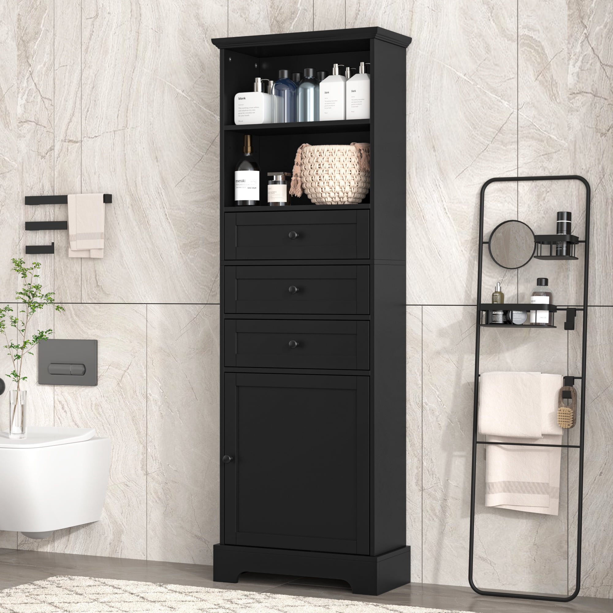 Tall Bathroom Cabinet, FURNINEST Bathroom Cabinet with 3 Drawers and Adjustable Shelves, Storage Cabinet Furniture for Home Bathroom, 22"L x 10.3"W x 57.3"H, Black