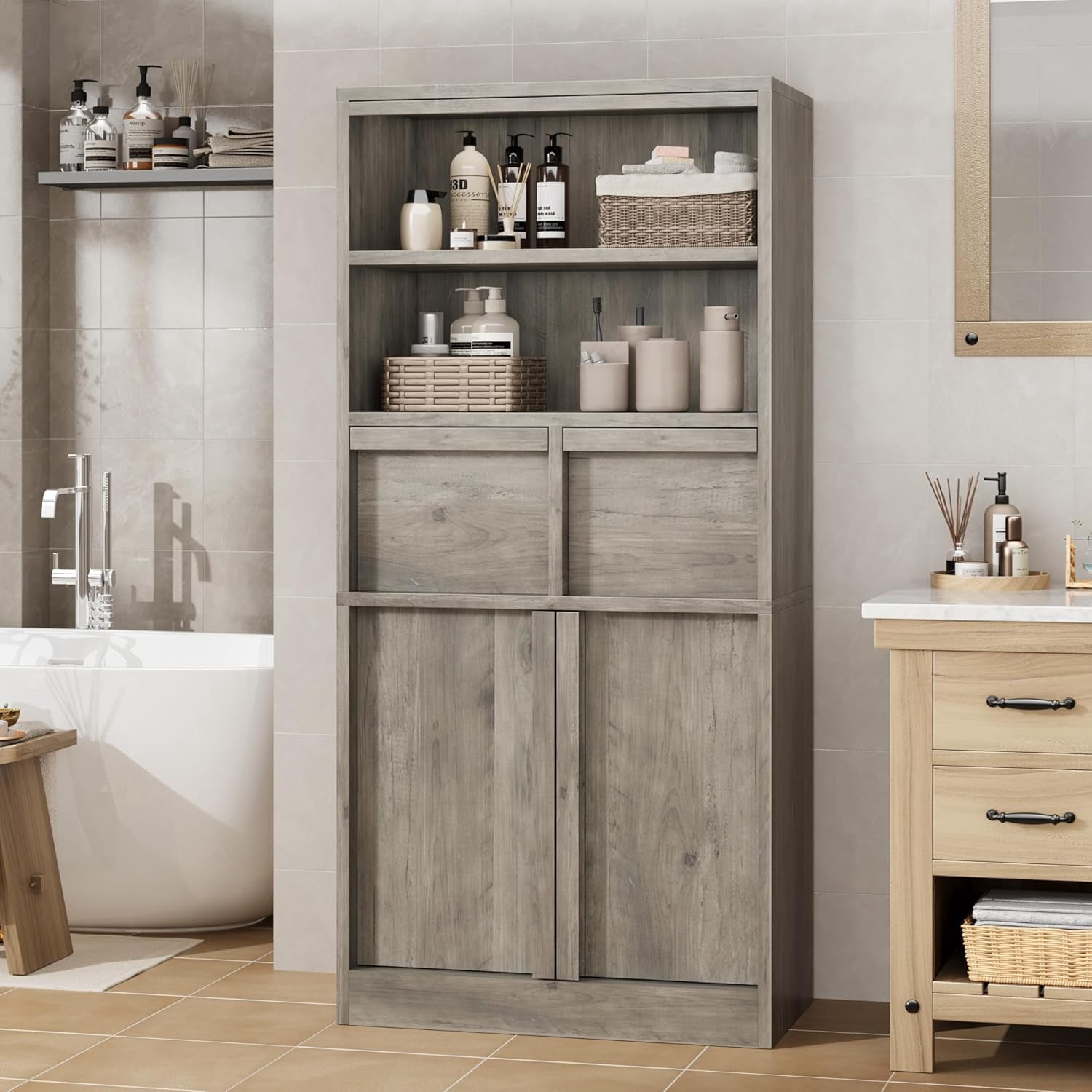 Tall Bathroom Cabinet, Floor Storage Cabinet with Doors & 2 Drawers, Narrow Storage Unit 51" H Tall Bathroom Organizer Cabinet Freestanding Floor Cabinet for Bathroom