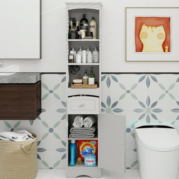 Tall Bathroom Cabinet, Freestanding Storage Cabinet with Drawer, MDF Board, Adjustable Shelf, Grey