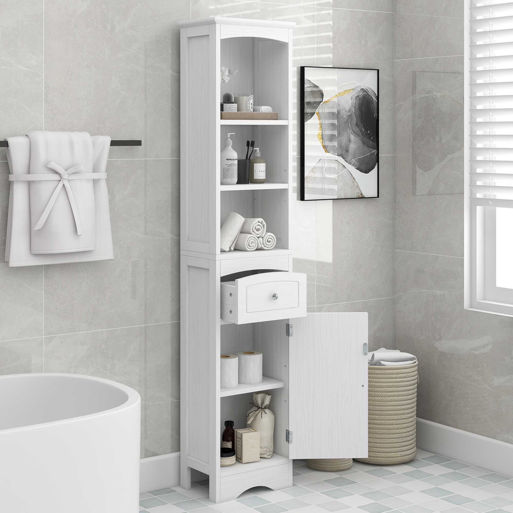 HOMEFORT Bathroom Tall Cabinet, Linen Tower, Slim Storage Cabinet, Narrow Floor Cabinet ...