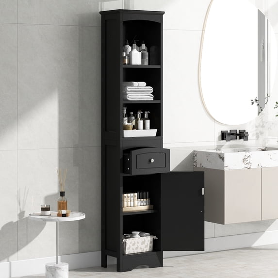 Freestanding Storage Cabinet with Drawer Tall Bathroom Cabinet MDF Board, Adjustable Shelf