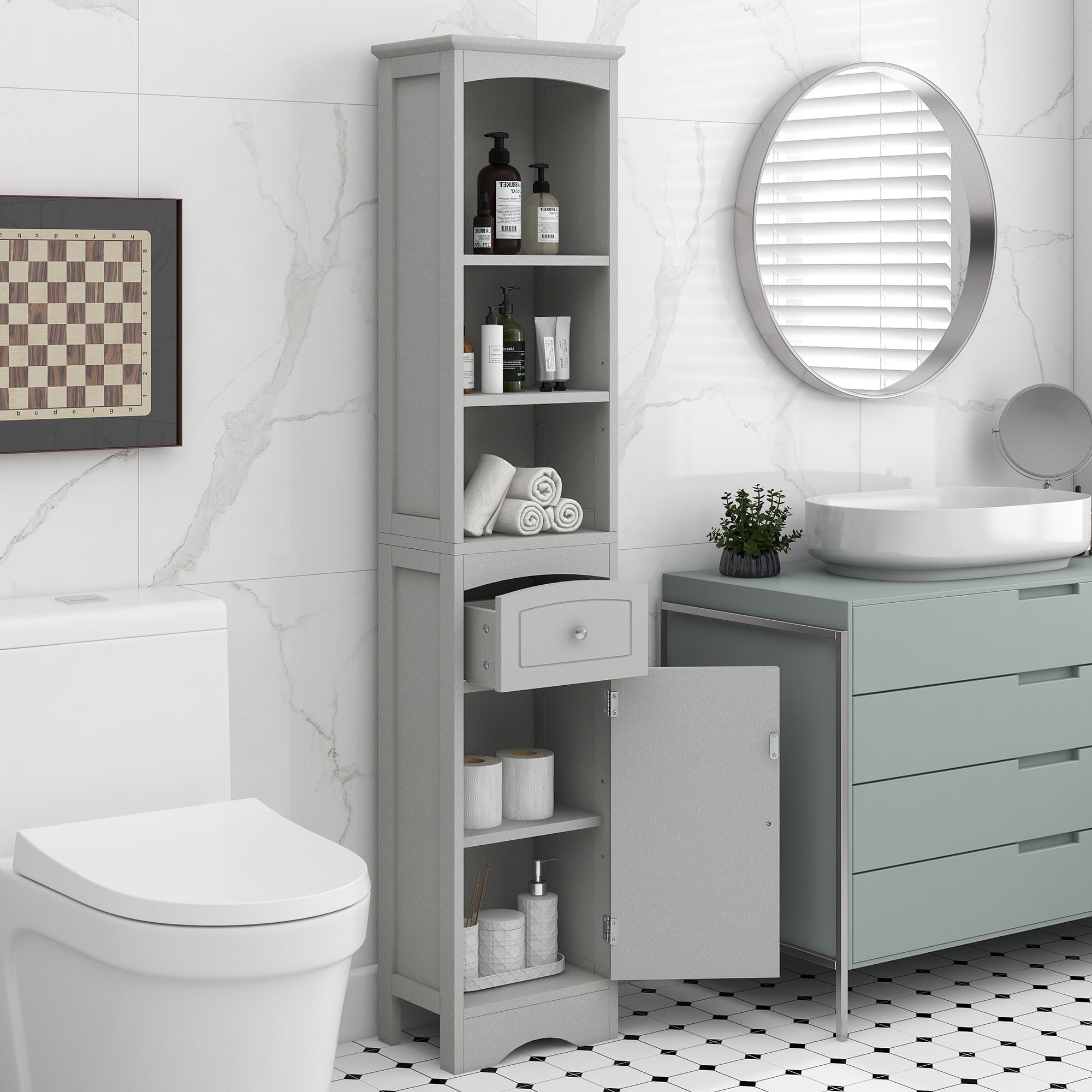 Freestanding Storage Cabinet with Drawer Tall Bathroom Cabinet MDF Board, Adjustable Shelf