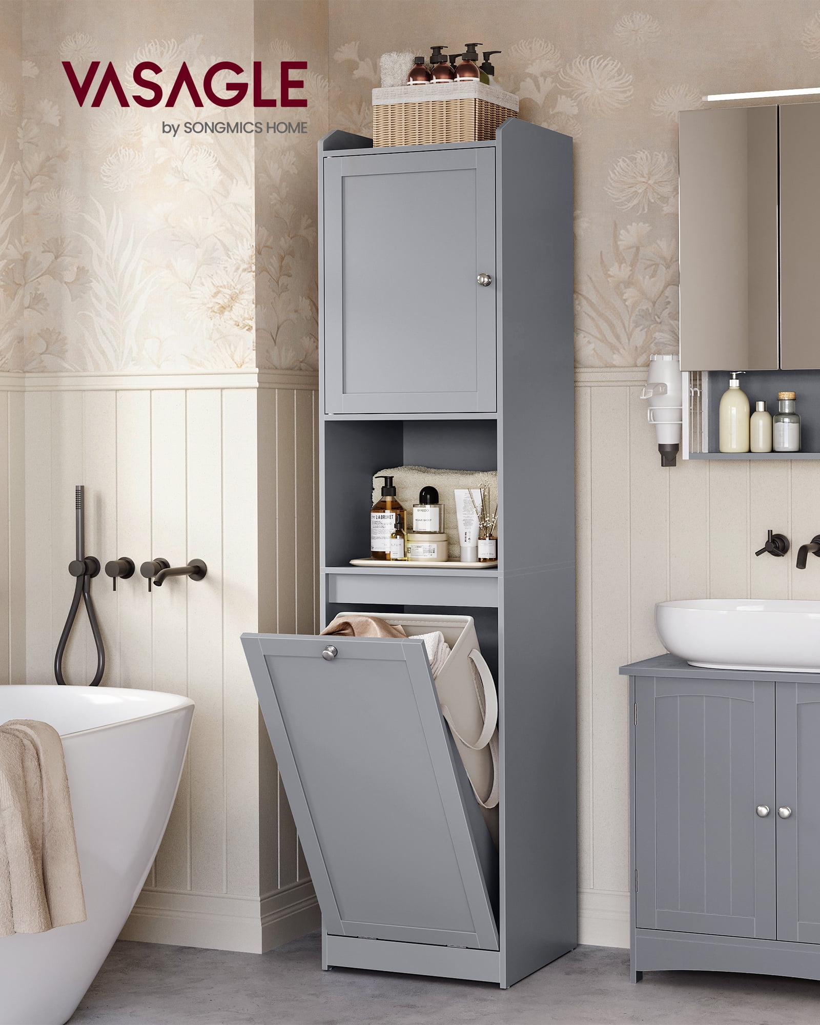 Tall Bathroom Cabinet with Laundry Basket, Removable Laundry Basket with Handles, Compartment with Door, Linen Tower, 15.8 x 15.8 x 66.9 Inchees, Dove Gray
