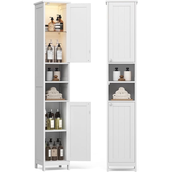 Tall Bathroom Cabinet with Lights, Slim Freestanding Bathroom Storage Cabinet with Adjustable Shelves, for Small Spaces, Modern, 11.8 Inches Wide, Cloud White UBBC566W02