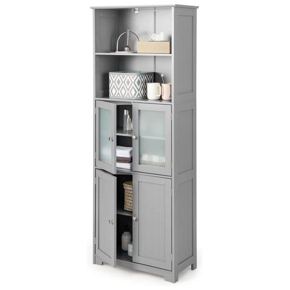 Tall Bathroom Cabinet, Modern Storage Organizer with Doors & Open Shelves, Wooden Floor Cabinet with Adjustable Shelves for Bathroom, Living Room or Kitchen (Grey)