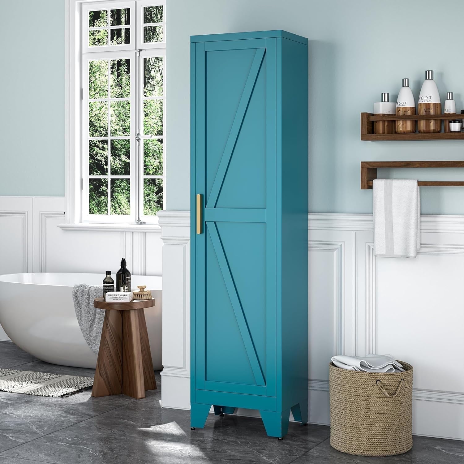 Elegant 67"H Tall Bathroom Cabinet,Narrow Metal Storage Cabinet with 5 Adjustable Shelves and Single Barn Door for Bathroom,Kitchen,Entryway,Blue
