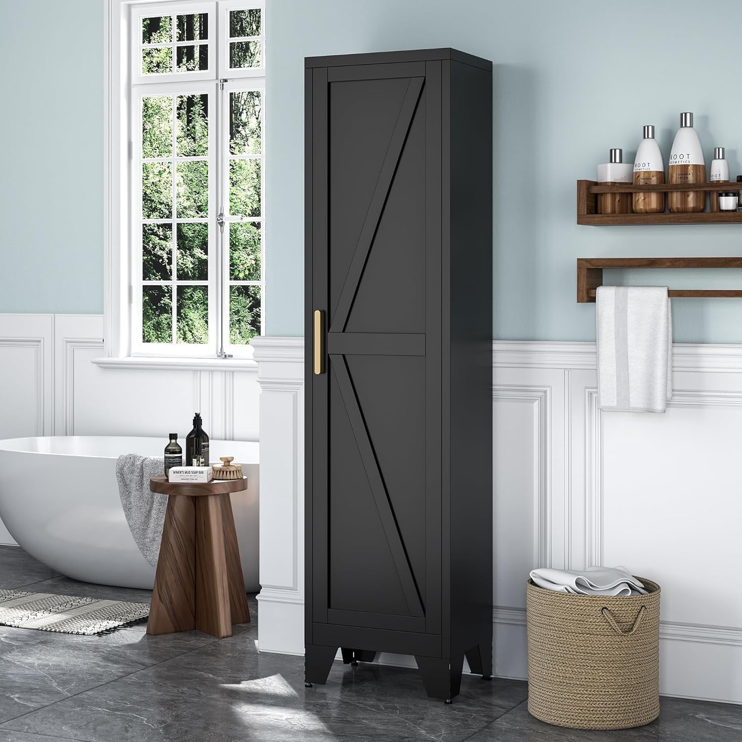 Elegant 67"H Tall Bathroom Cabinet,Narrow Metal Storage Cabinet with 5 Adjustable Shelves and Single Barn Door for Bathroom,Kitchen,Entryway,Black