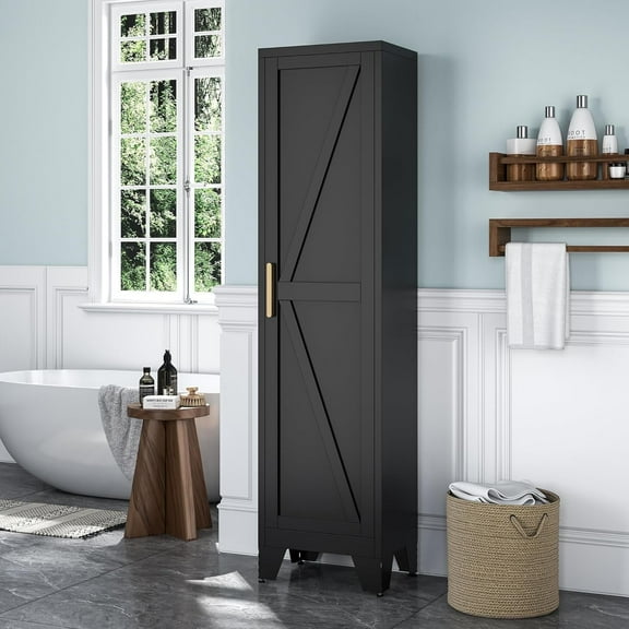 Elegant 67"H Tall Bathroom Cabinet,Narrow Metal Storage Cabinet with 5 Adjustable Shelves and Single Barn Door for Bathroom,Kitchen,Entryway,Black