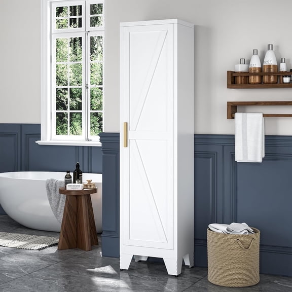 Elegant 67"H Tall Bathroom Cabinet,Narrow Metal Storage Cabinet with 5 Adjustable Shelves and Single Barn Door for Bathroom,Kitchen,Entryway,White