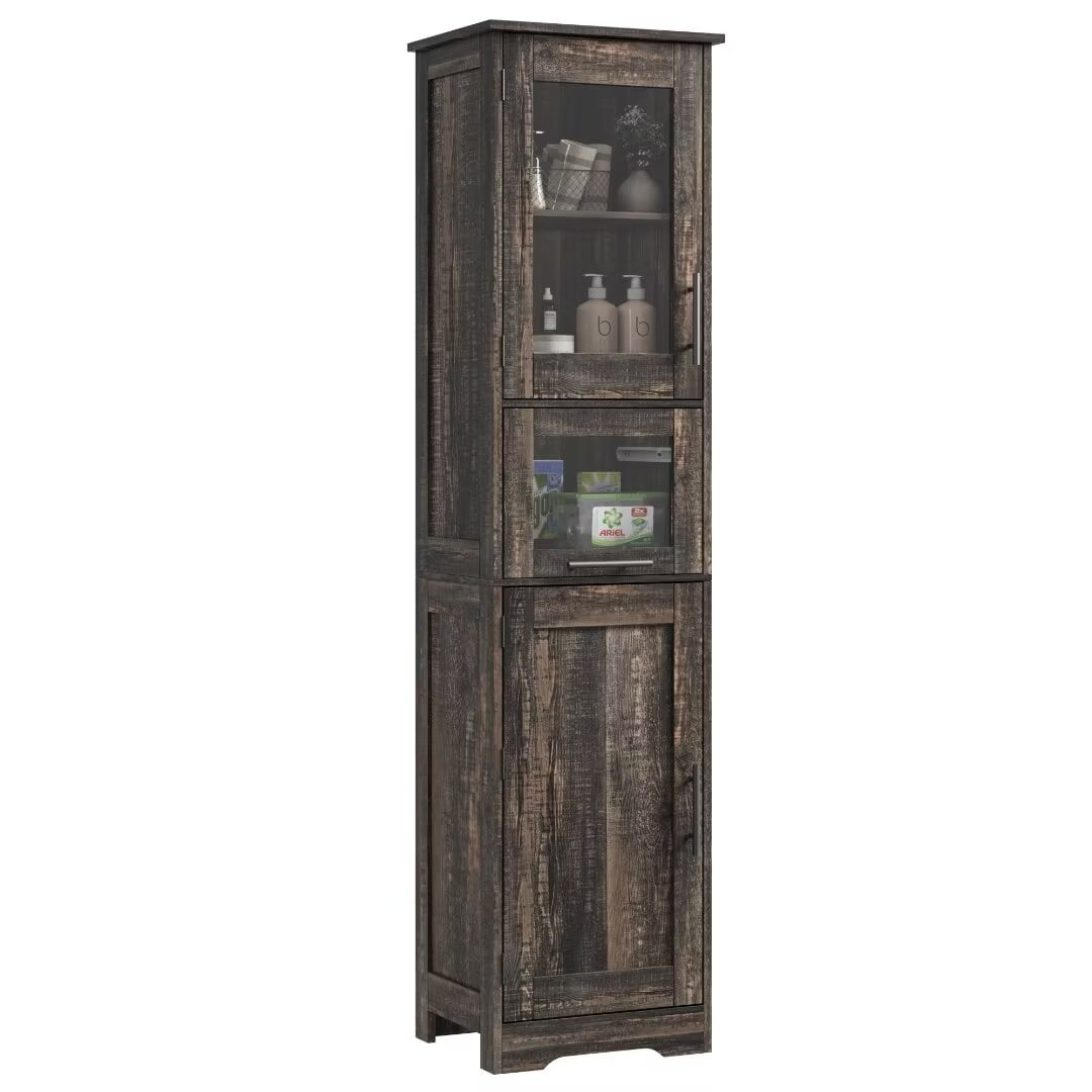 Tall Bathroom Cabinet, Narrow Storage Cabinet with Doors and Adjustable Shelf for Kitchen, Living Room, Small Spaces, Dark Oak