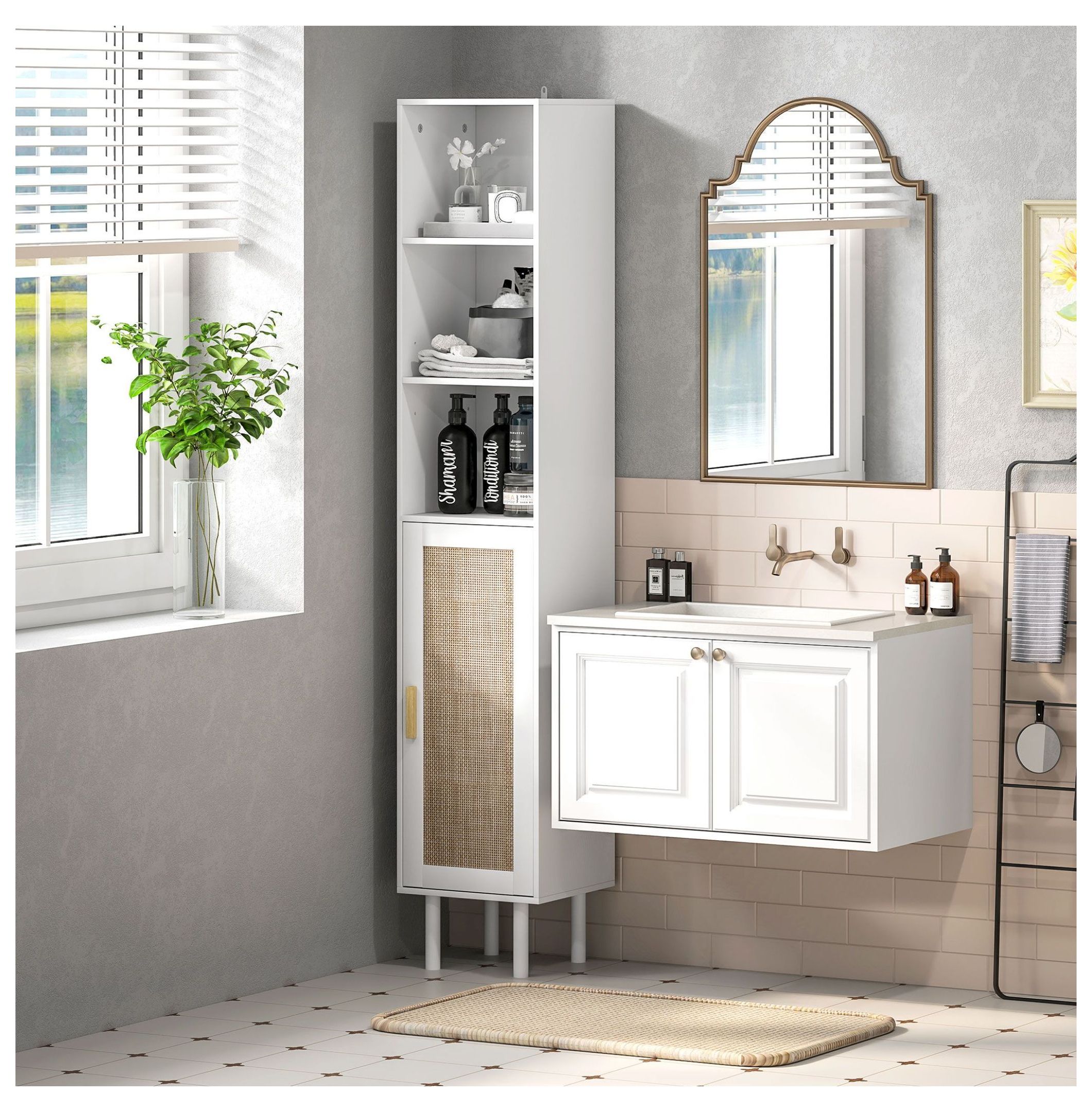 View of Tall Bathroom Cabinet with Rattan Doors, Freestanding Storage Organizer ...