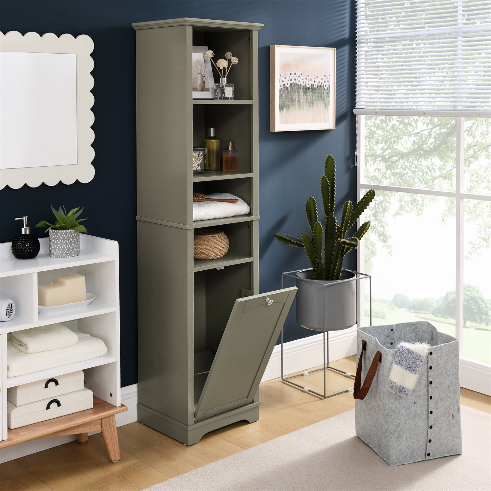 Tall Bathroom Cabinet with Tilt Out Laundry Hamper, Floor Standing ...